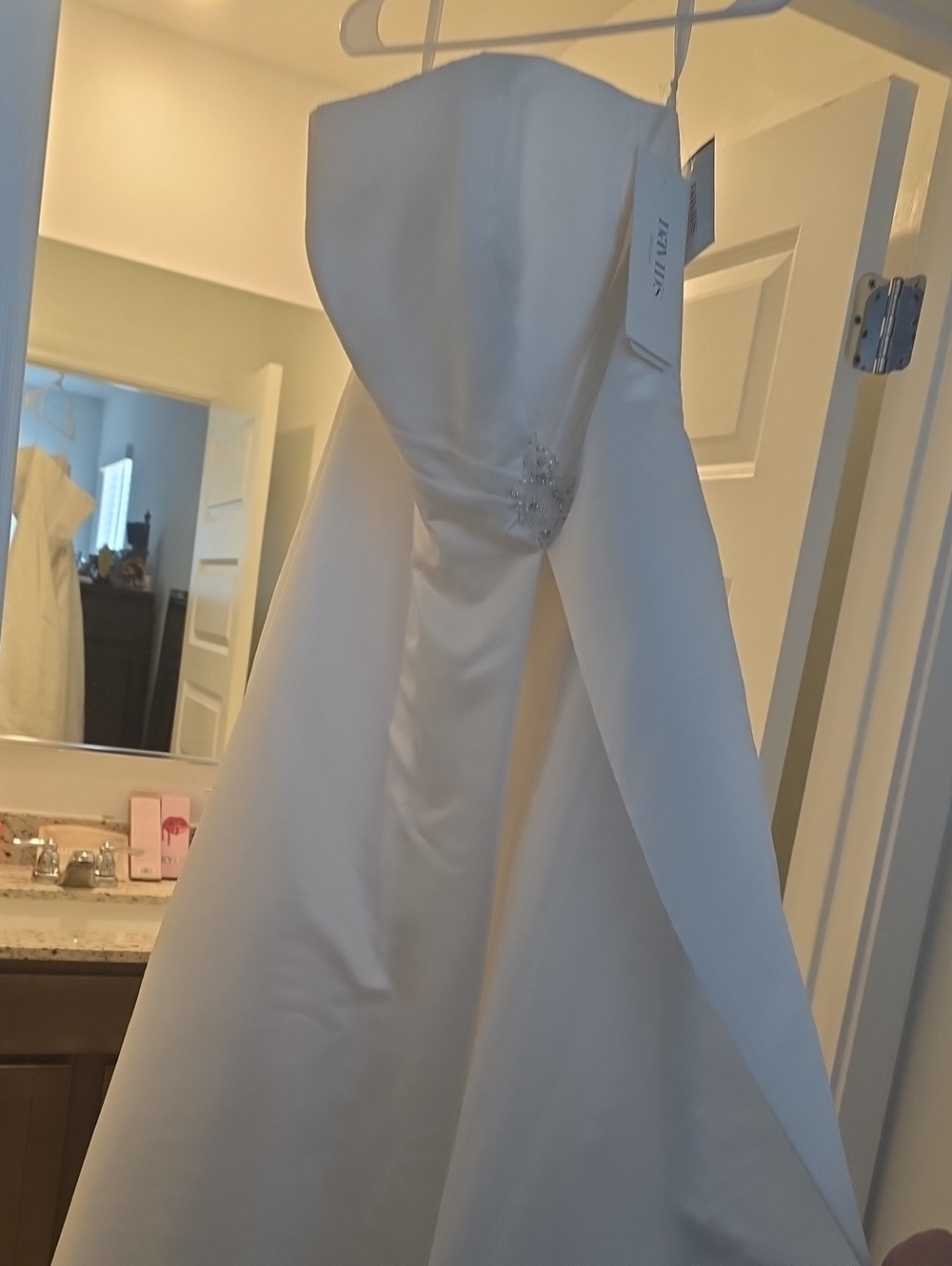 David's Bridal Ivory Strapless Satin Ball Gown with Beaded Detail